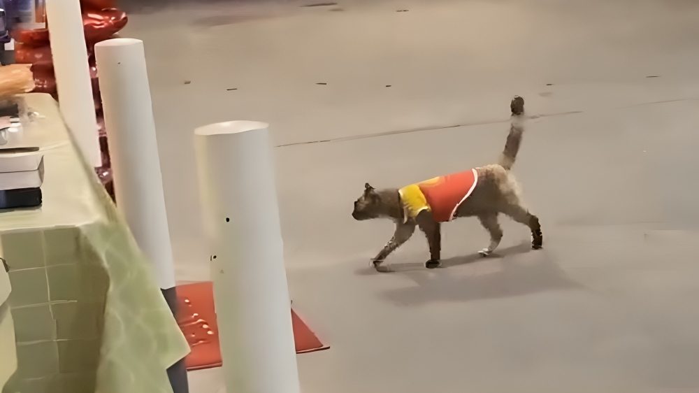 Gato caminando con camiseta colorida en un espacio.