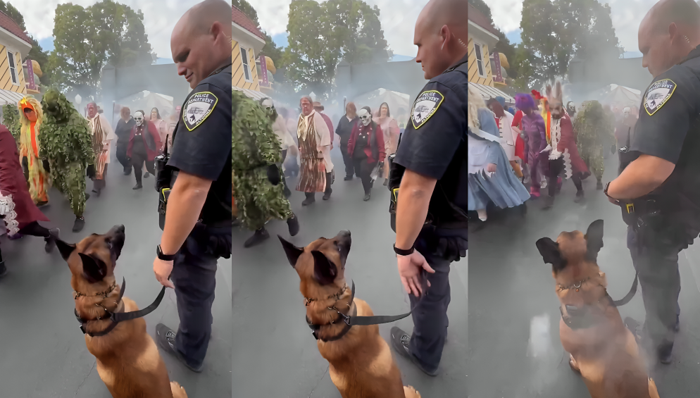 Policía con perro observa un desfile de disfraces.