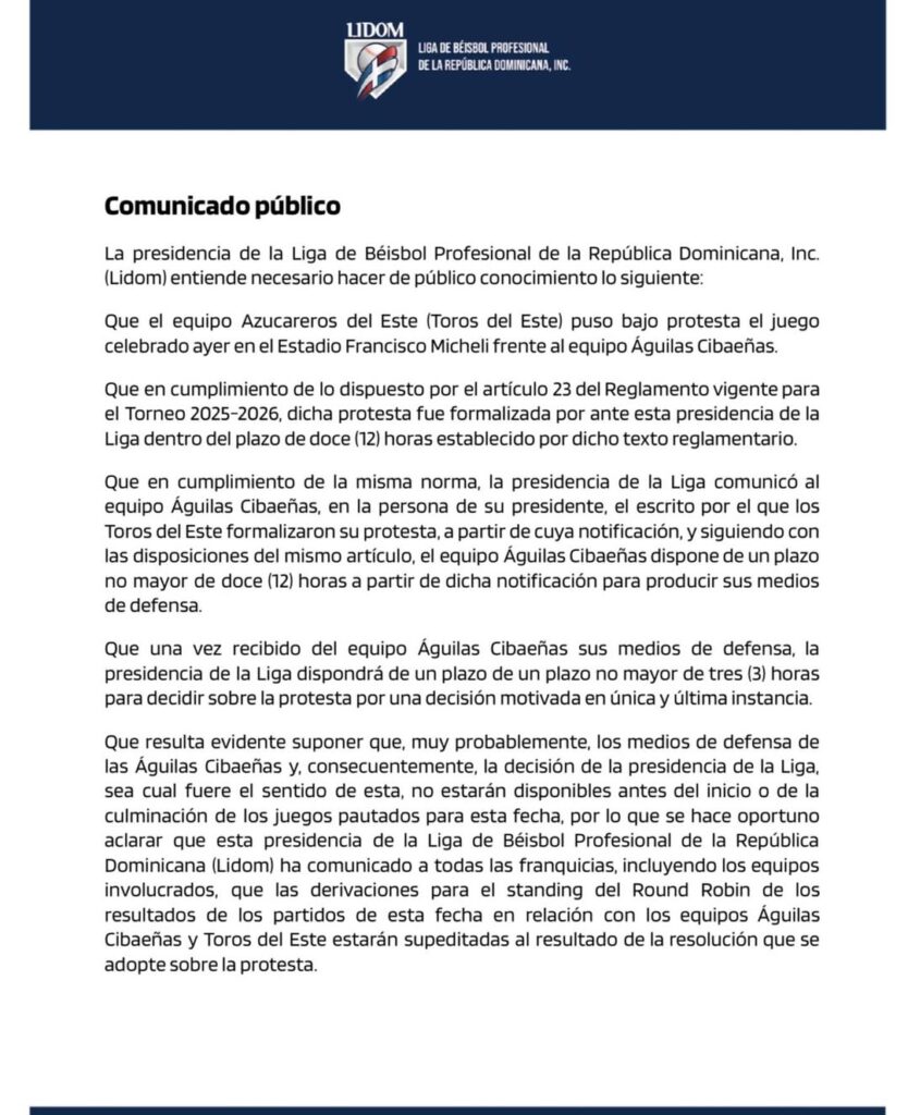 la presidencia de la liga de béisbol profesional de la república dominicana, inc. (lidom) entien