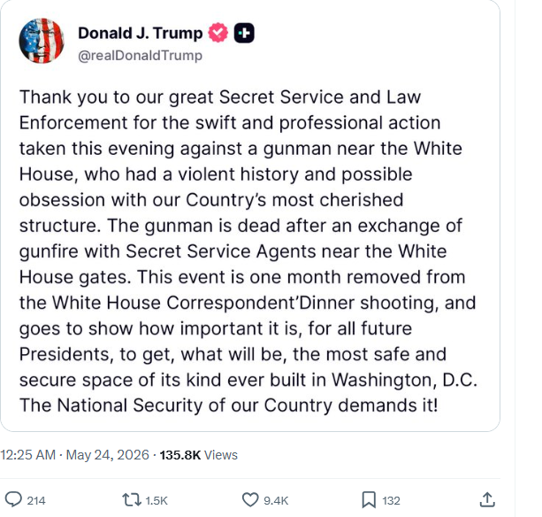 Trump agradece rápida respuesta del Servicio Secreto tras tiroteo cerca de la Casa Blanca