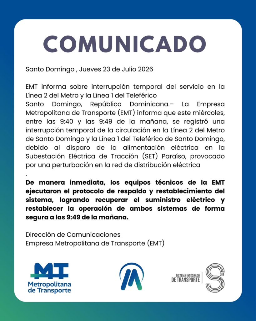 EMT restablece servicio del Metro Línea 2 y Teleférico tras interrupción temporal por falla eléctrica